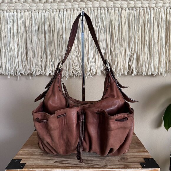 Junior Drake Brown Lambskin Leather Gathered Pocket Squishy Hobo Shoulder Bag - Picture 3 of 17